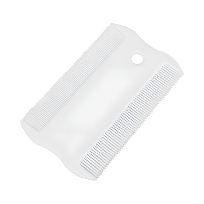 Double-sided plastic flea comb for pets showing dense teeth on one side and a fine-tooth grate on the other.