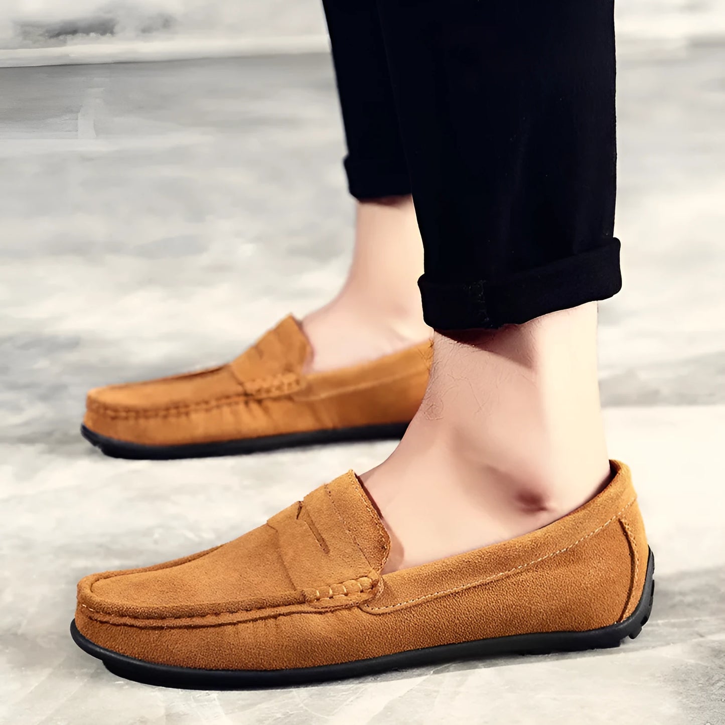 Men's suede casual loafers in brown with a round toe and rubber sole, shown in a UK plus size.