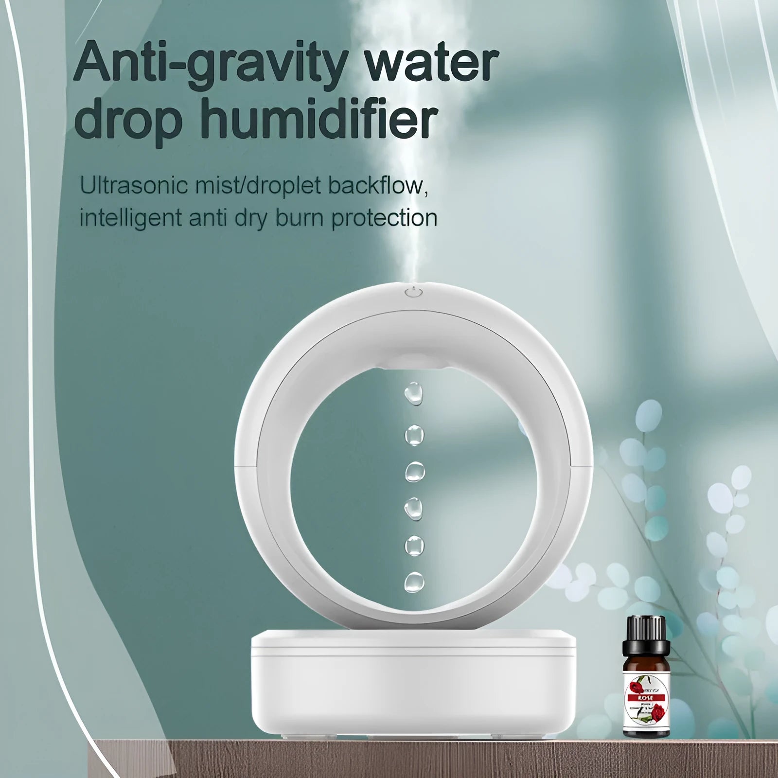 White round anti-gravity desk humidifier showing levitating water droplet effect with USB connection