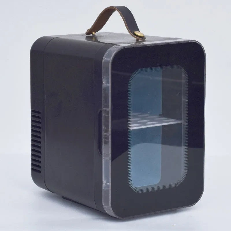 Pink mini refrigerator with transparent door showing 6L capacity for car and home hot cold dual use