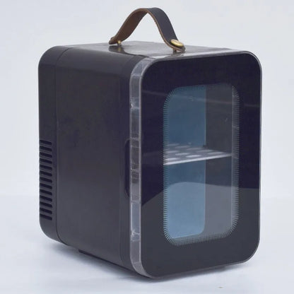 Pink mini refrigerator with transparent door showing 6L capacity for car and home hot cold dual use