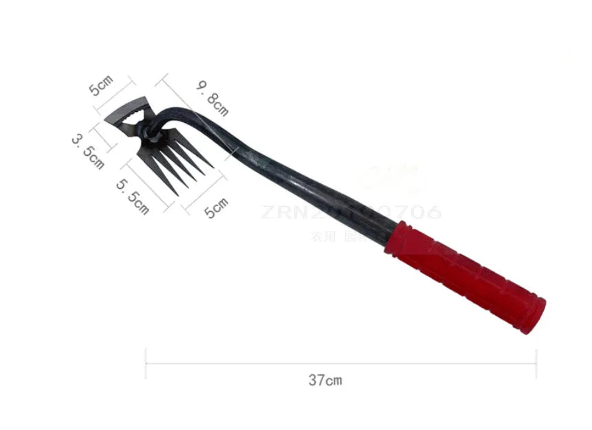 Alloy steel dual-purpose garden hoe and rake tool with multiple tooth configurations for digging and soil preparation