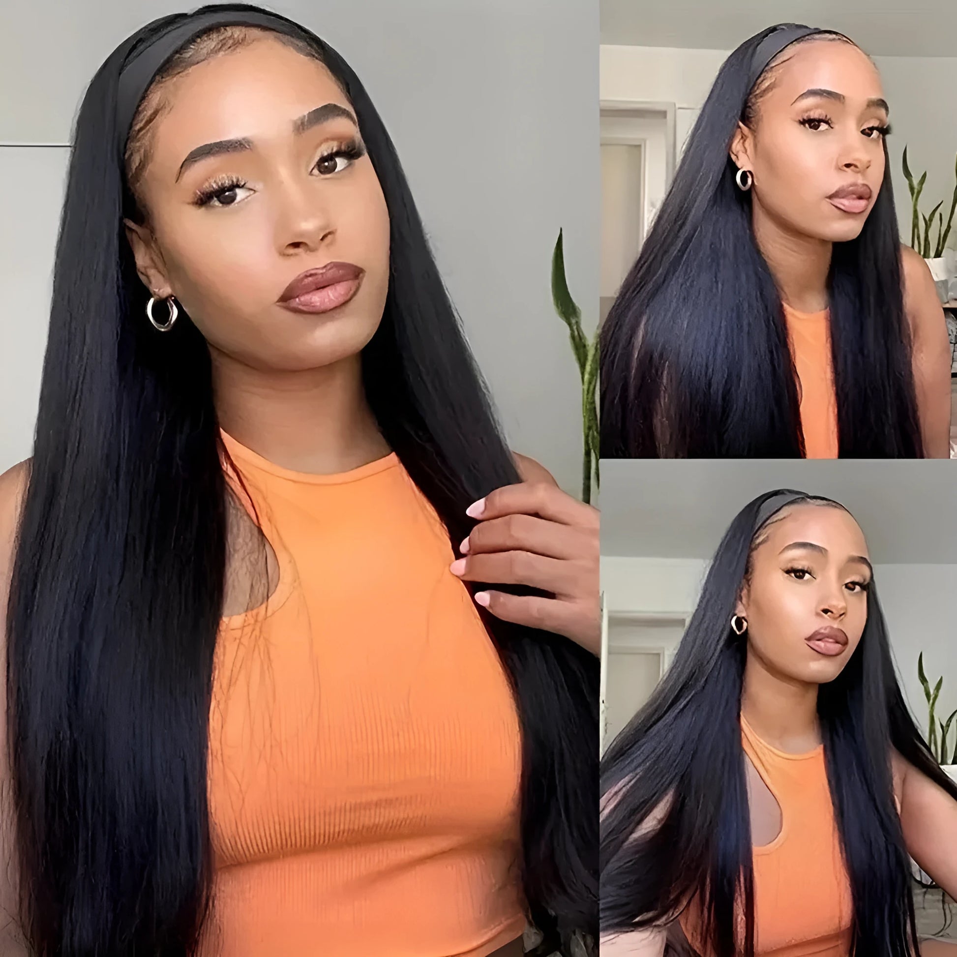 Headband wig with high temperature fibre hair in black straight, black curly, and wine red colour options