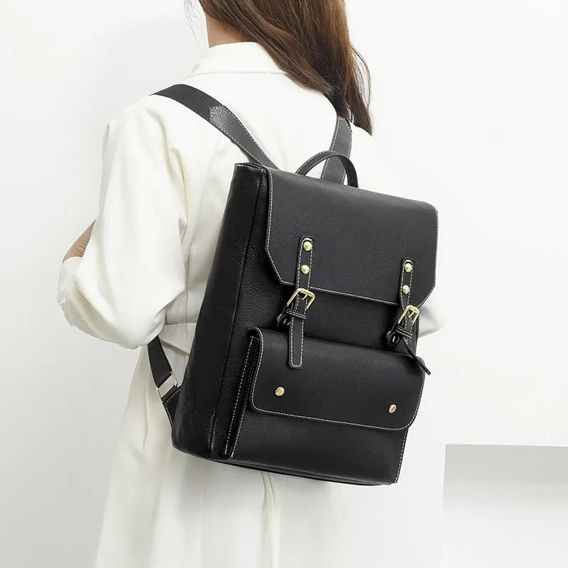 Korean style retro simple backpack in brown colour showing PU material and ventilation design