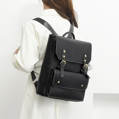 Korean style retro simple backpack in brown colour showing PU material and ventilation design