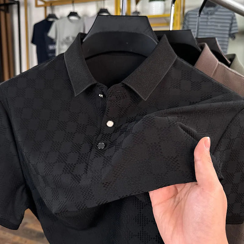 Rhombus thin ice silk short sleeve t-shirt in black with slit detail, showing stretchy fabric and fit