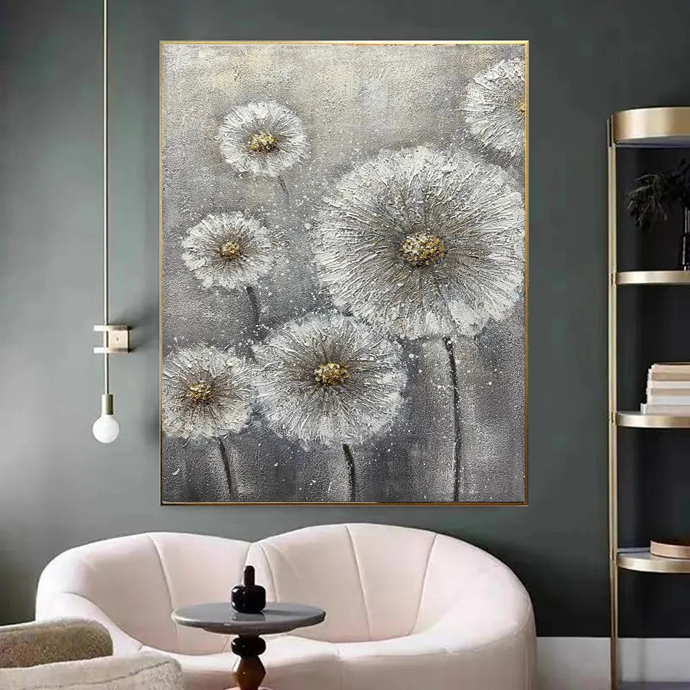 Hand painted white flower plant oil painting on grey canvas, large vertical unframed wall art