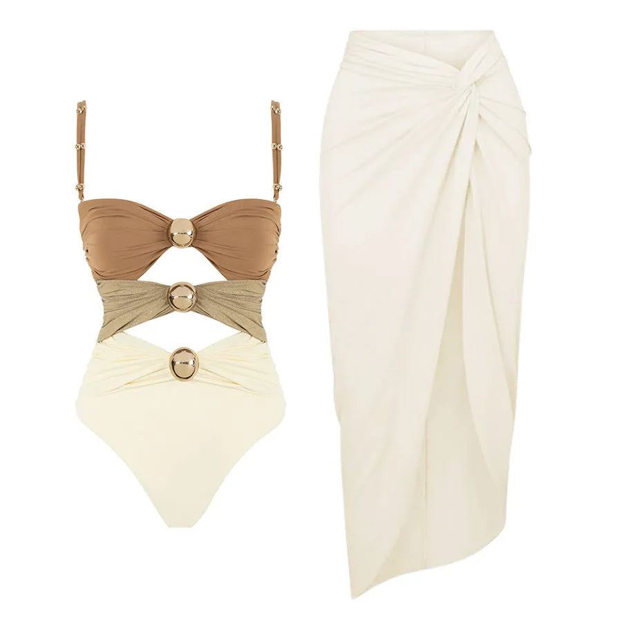 Women's one-piece swimsuit with round buckle decoration and hollow-out stitching design in nylon fabric