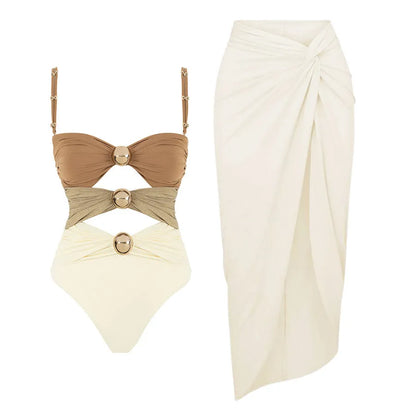 Women's one-piece swimsuit with round buckle decoration and hollow-out stitching design in nylon fabric