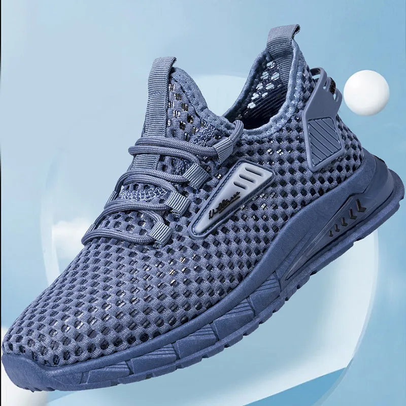 Men's beige casual sneakers with mesh lining and lace-up front on a white background.