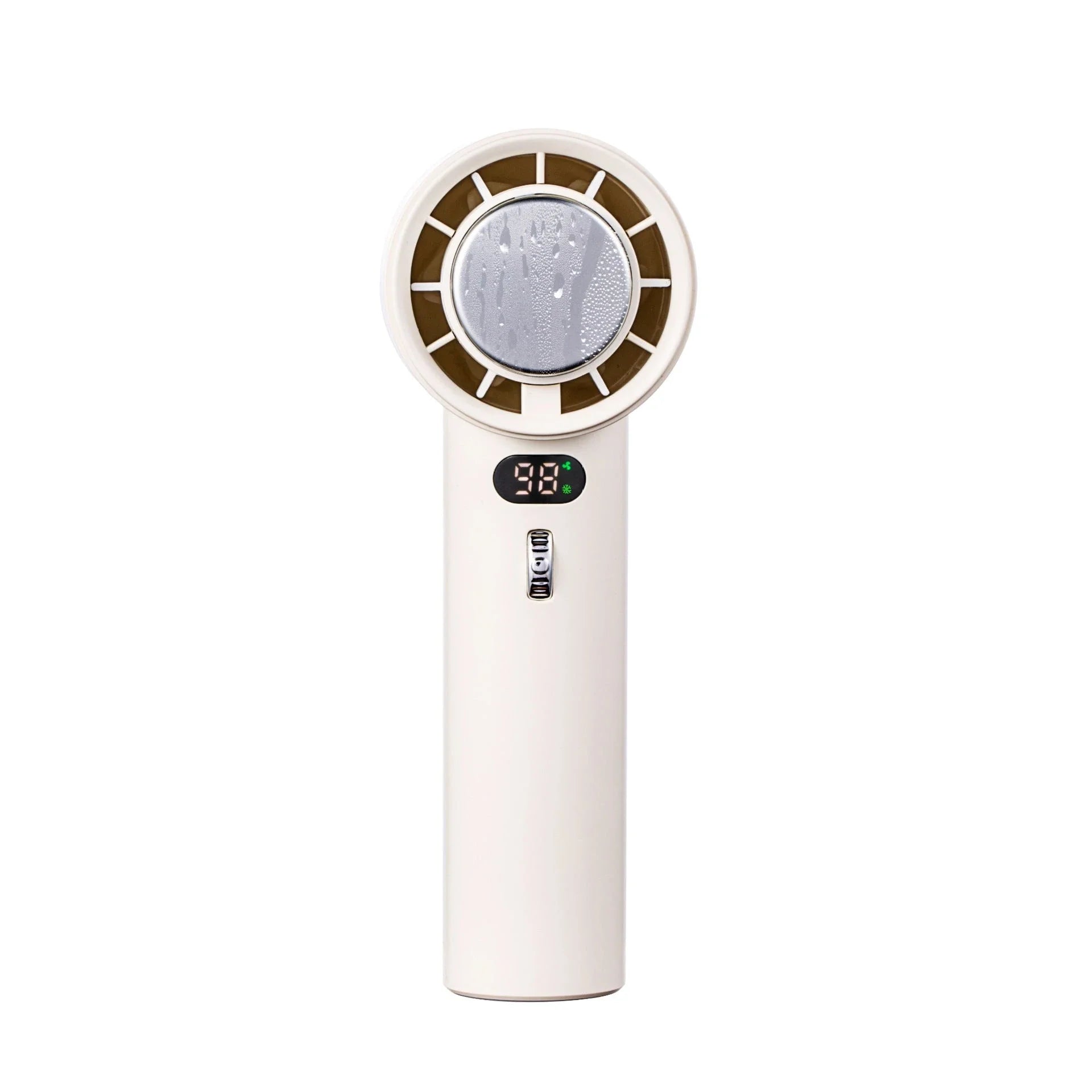 Powerful portable handheld turbine fan with cooling system, adjustable airflow, long-lasting battery, and compact design for on-the-go refreshment.