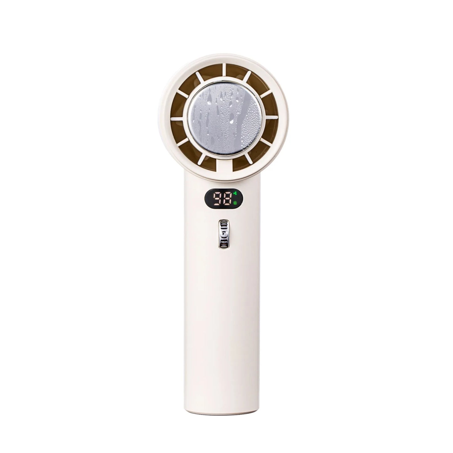 Portable handheld fan with semiconductor cooling, 3000mAh battery, and adjustable wind speeds