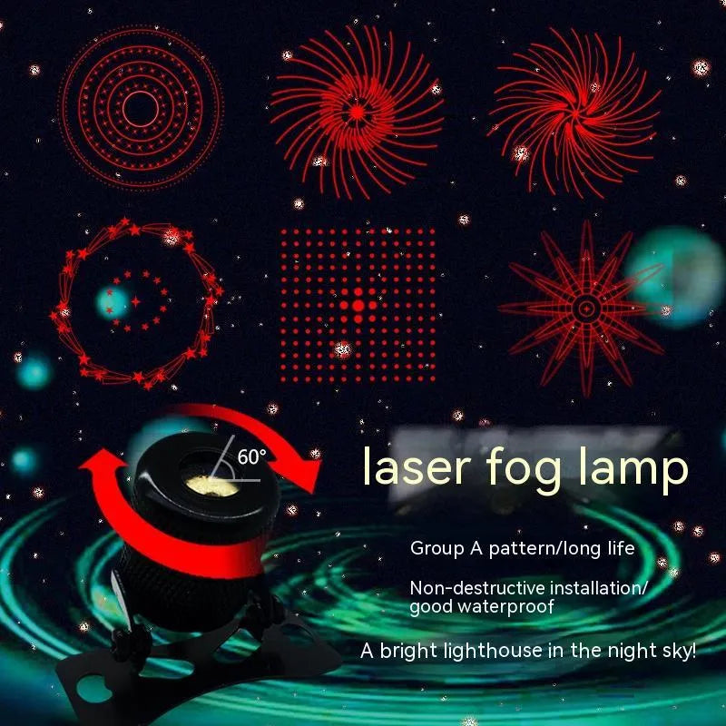 Aluminium laser fog lamp for car or motorcycle with red beam and mounting hardware.