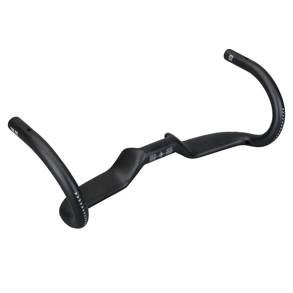 Black carbon fibre bicycle handlebar with large-angle bent outer swing design showing three width options