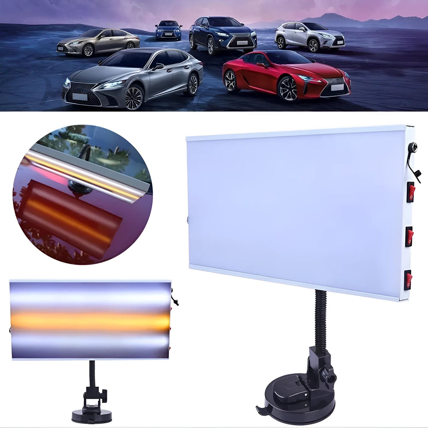 White car dent detection kit with concave inspection light for automotive body repair