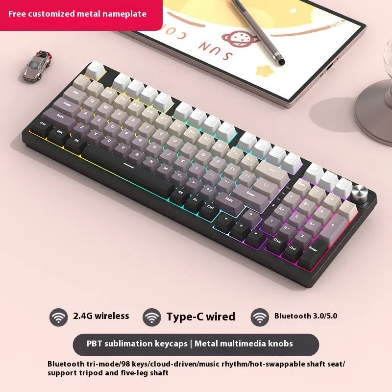 98-key wireless mechanical keyboard kit in black or white with optional LED screen and metal knob