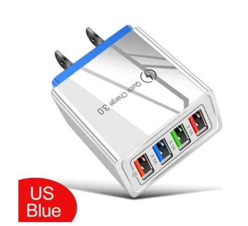 Simple Luminous 4USB mobile phone charger with UK plug showing four USB ports and compact dimensions