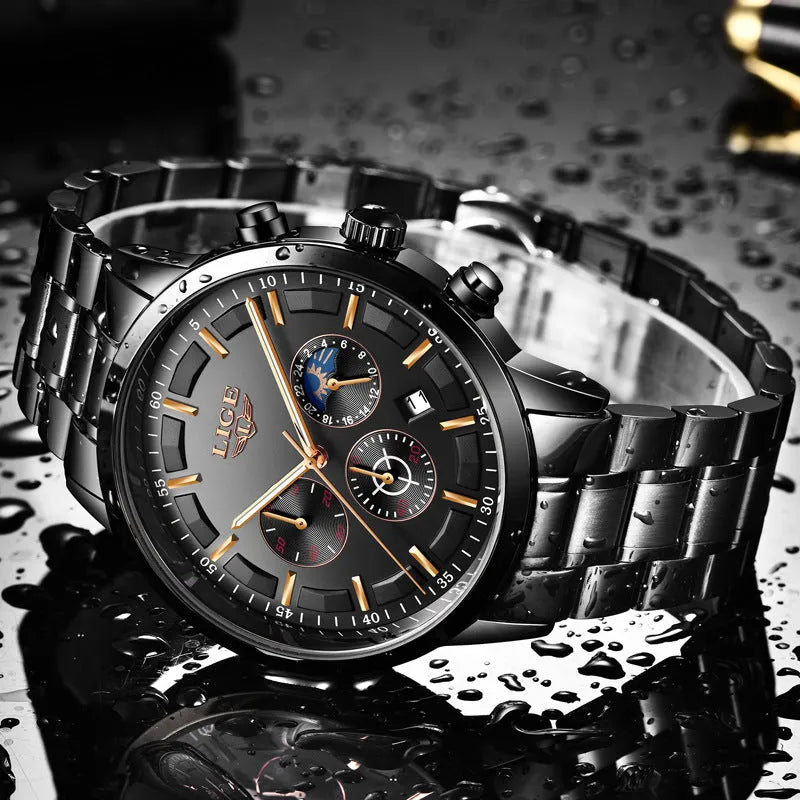 Men's waterproof sports watch in black with blue and rose gold colour options