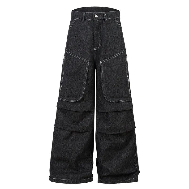 Black multi-pocket pleated workwear jeans with mid-waist fit and zip fly closure