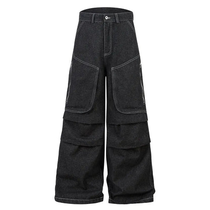 Black multi-pocket pleated workwear jeans with mid-waist fit and zip fly closure