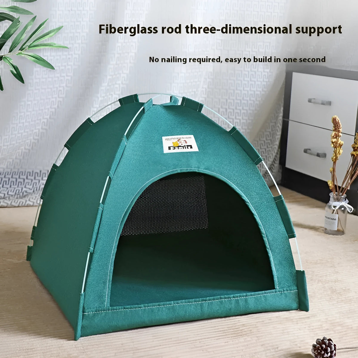 Grey linen-like fabric tent pet bed for cats and small dogs, showing enclosed design with removable cover.