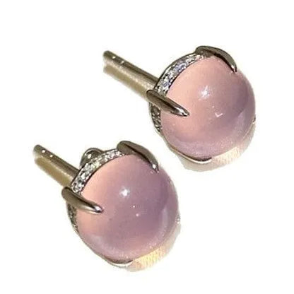 Chinese style chalcedony stud earrings with four-claw setting in emerald green, pink purple and milk white colours