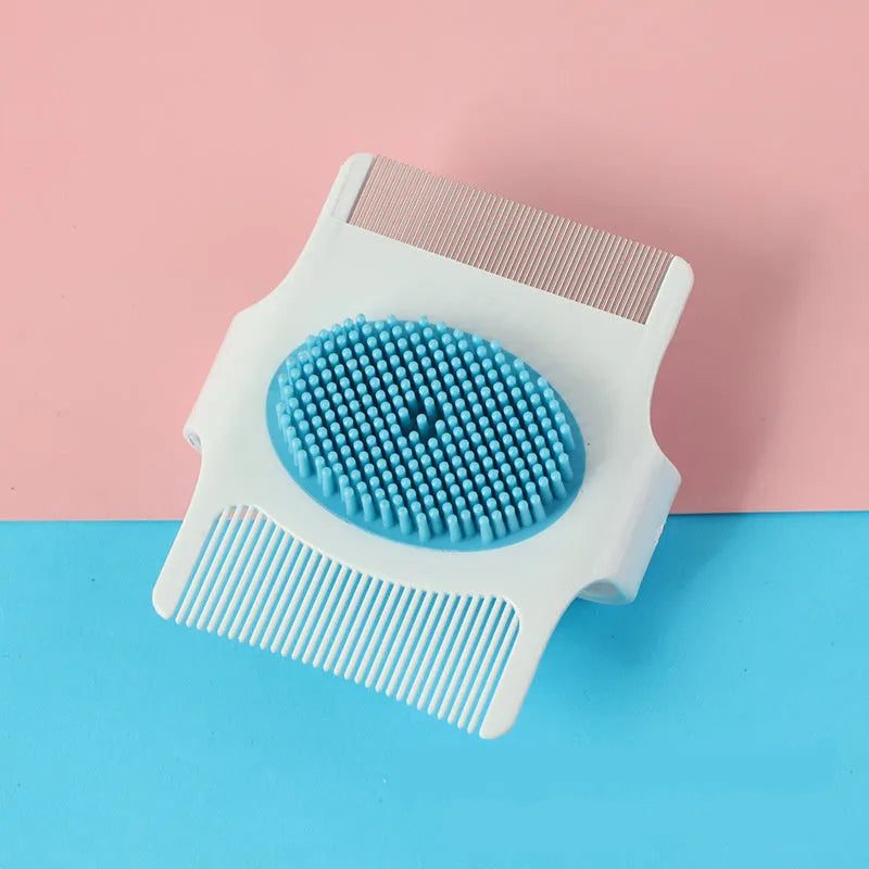 Blue and green multifunctional pet grooming tool with floating hair removal and massage features