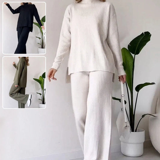 Stylish women's turtleneck knitted suit with loose split design in white, black, and green