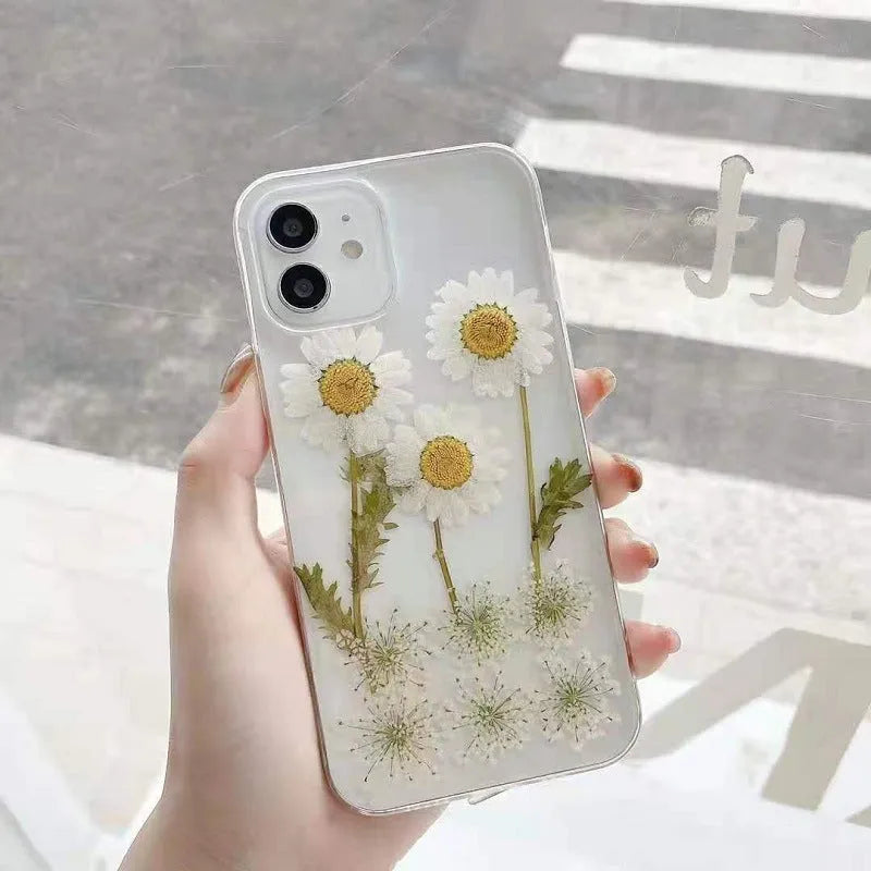 Epoxy Daisy Pattern Mobile Phone Case Protective Cover, TPU Material All-in-One Glass Design, Compatible with Multiple iPhone Models Including XR XS Max 11 12 13 Series, White Colour Back Cover