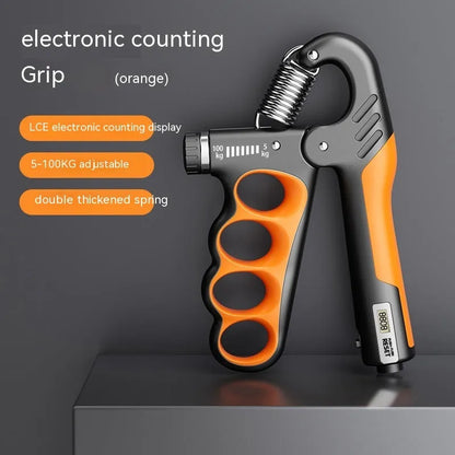 Adjustable electronic spring hand grip trainer with digital counter display in grey, orange, and red colours.
