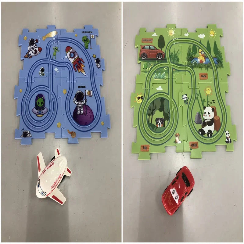 DIY Electric Railroad Speeder Toy with puzzle tracks and automatic car