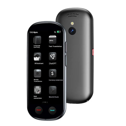 Black electronic simultaneous interpretation translator device with attached lanyard.