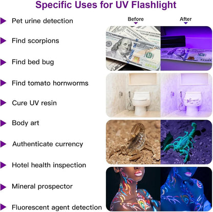 Black aluminium alloy UV flashlight torch for detecting pet urine stains and bed bugs.