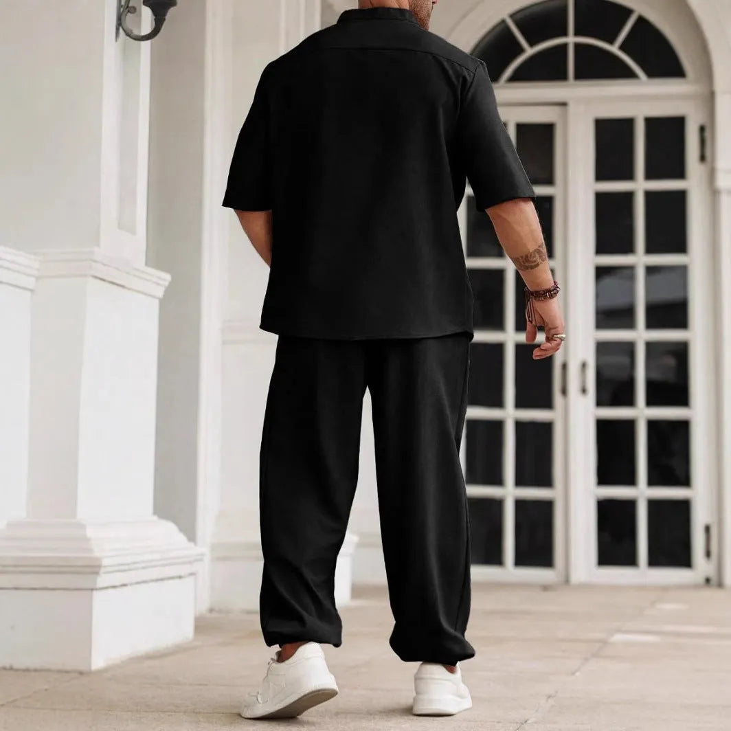 Men's cotton linen casual trousers set with short-sleeved button shirt in black, grey or apricot