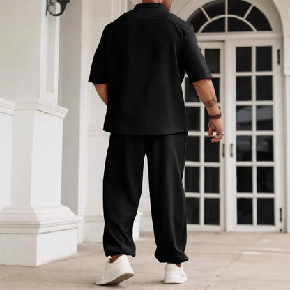 Men's cotton linen casual trousers set with short-sleeved button shirt in black, grey or apricot