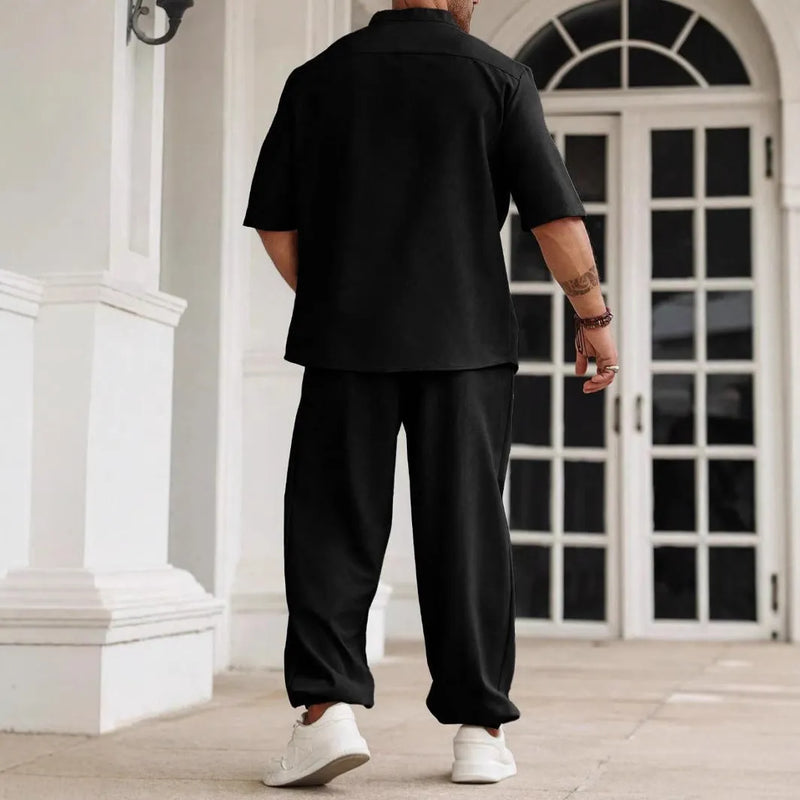 Men's cotton and linen casual button trousers set with short-sleeved shirt, suitable for spring leisure wear, available in black, grey and apricot colours, sizes M to XXXL