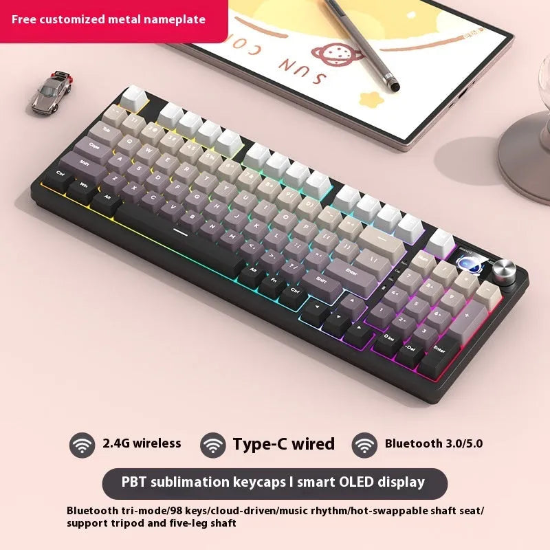 98-key wireless mechanical keyboard kit in black or white with optional LED screen and metal knob