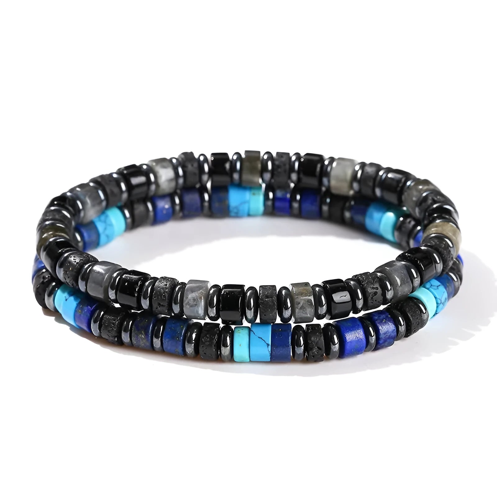 Men's natural volcanic rock hematite spacer bead bracelet with 6mm geometric beads
