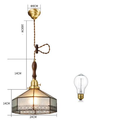 Japanese retro brass and glass chandelier with hand-blown shades and walnut wood details