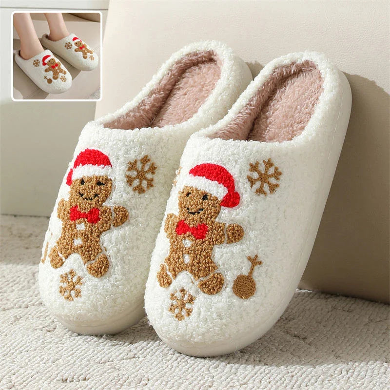 Festive Snowflake Gingerbread Slippers with plush upper and non-slip sole for cozy indoor wear