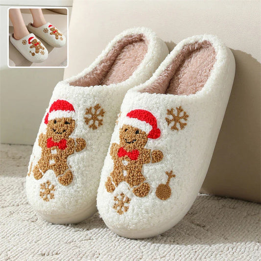 Festive Snowflake Gingerbread Slippers with plush upper and non-slip sole for cozy indoor wear