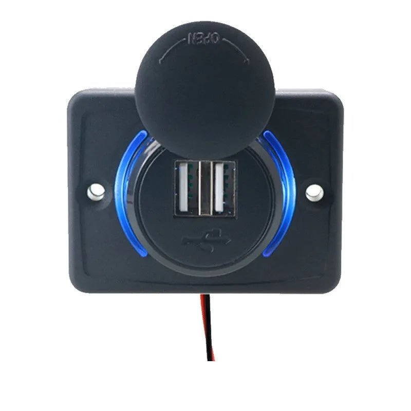 Black dual-voltage USB car charger with screw mounts for 12V and 24V vehicle systems