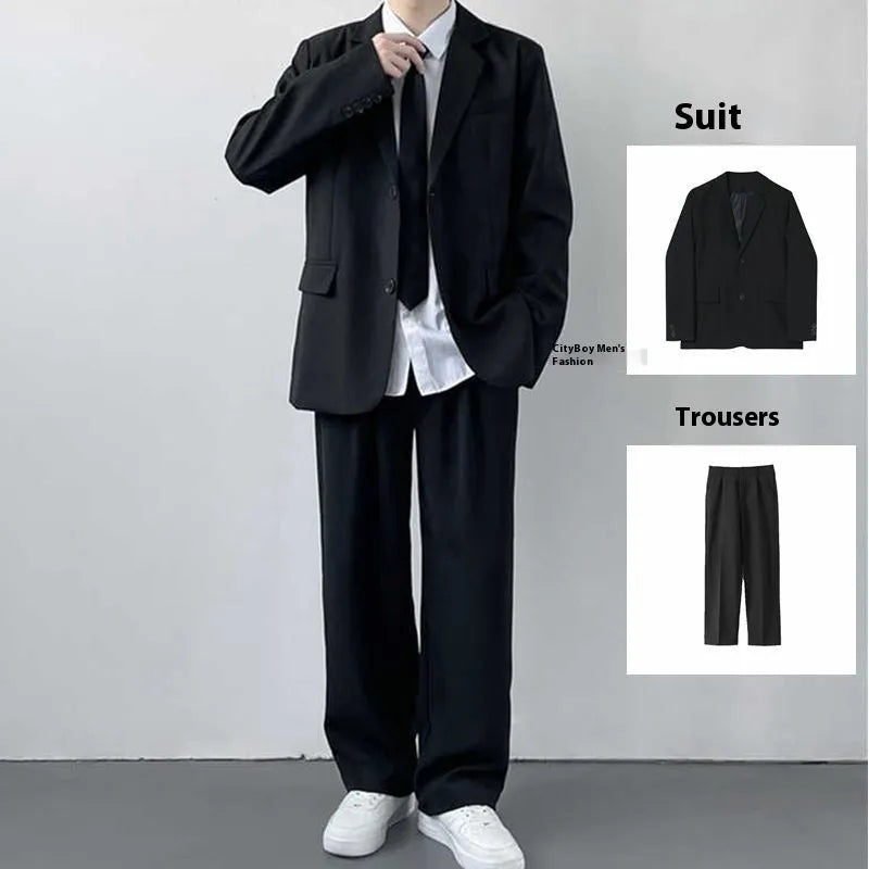 Plus size men's three-piece suit set with jacket, trousers, white shirt and tie