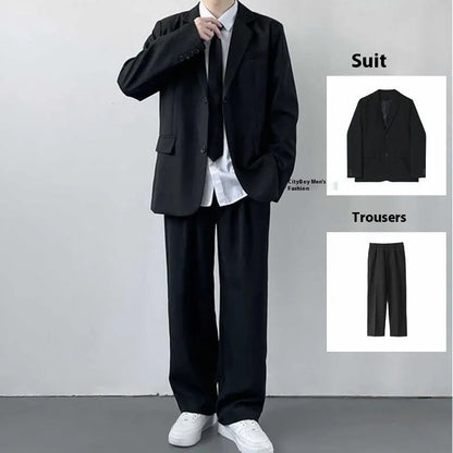 Plus size men's three-piece suit set with jacket, trousers, white shirt and tie
