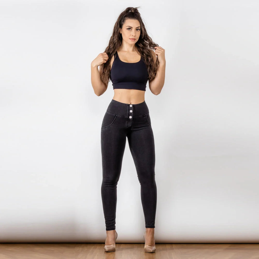 Black women's high waist button-up jeans with super elastic fabric