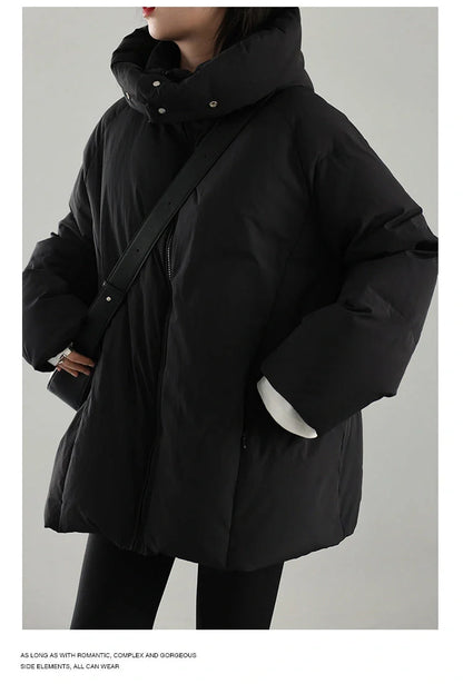 Stylish duck down jacket with detachable hood in black and khaki