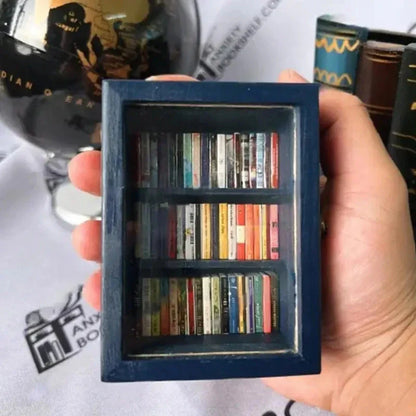 Calming wooden bookshelf ornament with 60 miniature books for stress relief and desktop decor