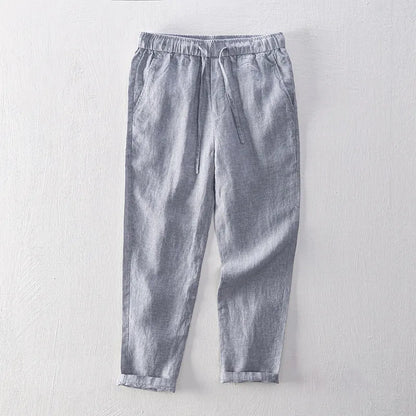 Men's straight linen trousers in four colour options showing mid waist and straight-leg cut