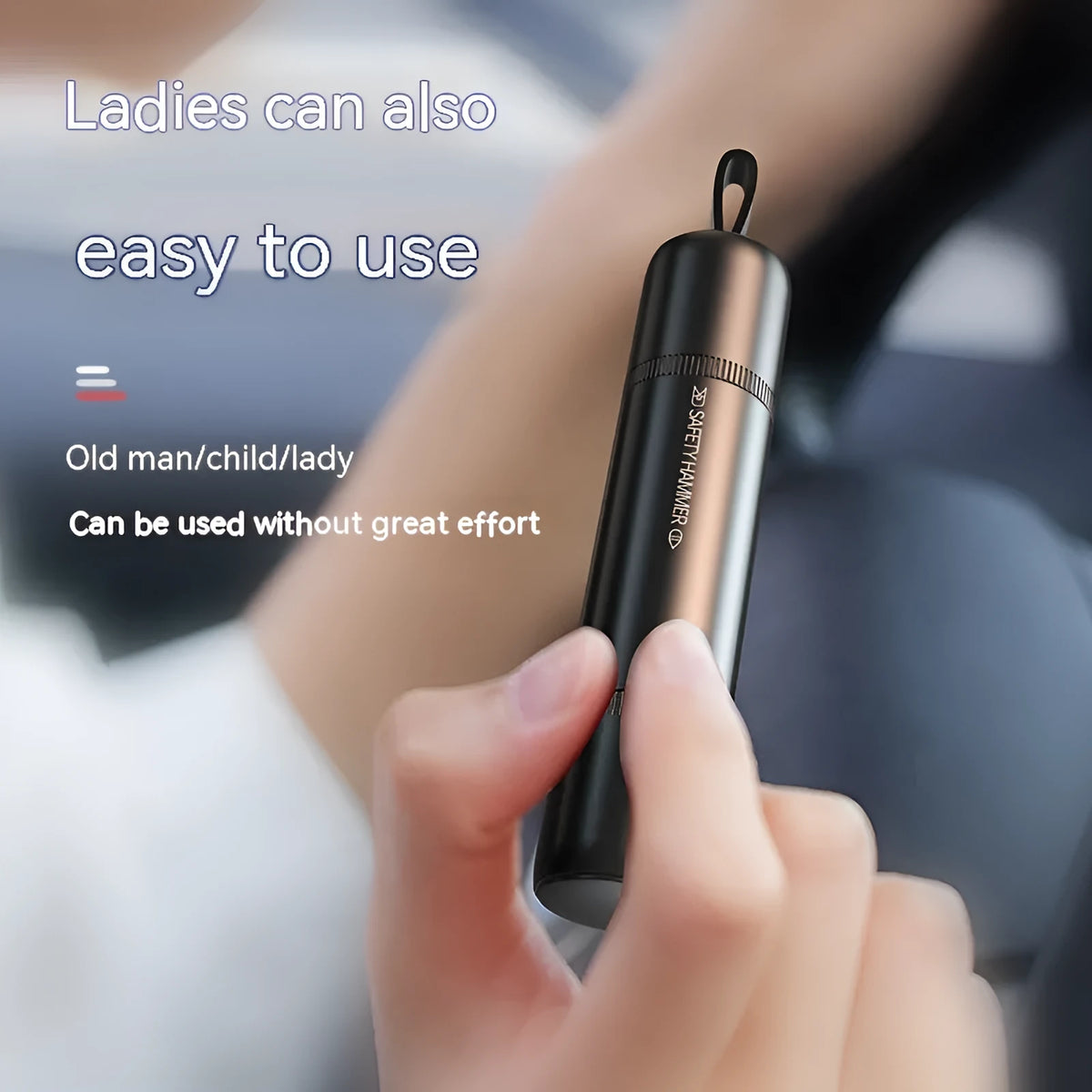 Aluminium alloy car safety hammer with a hardened steel tip for breaking windows and cutting seatbelts.