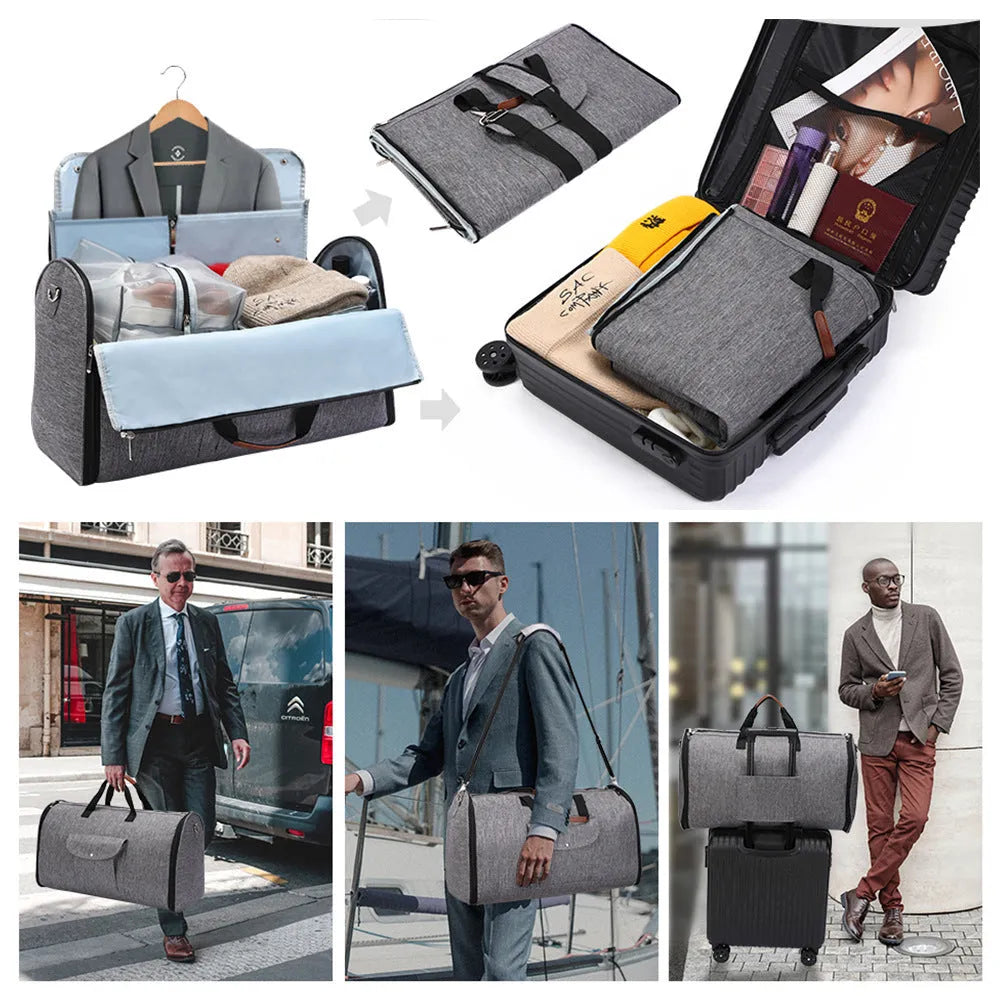 Folding duffel travel bag in dark blue Oxford cloth, shown packed and folded flat.